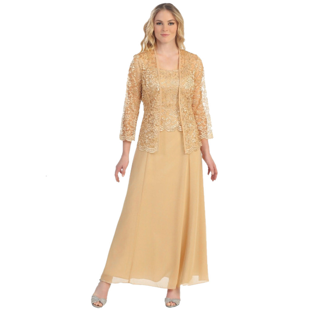 New Fashion Two Piece Lace Cardigan Chiffon Long Dress Large Set