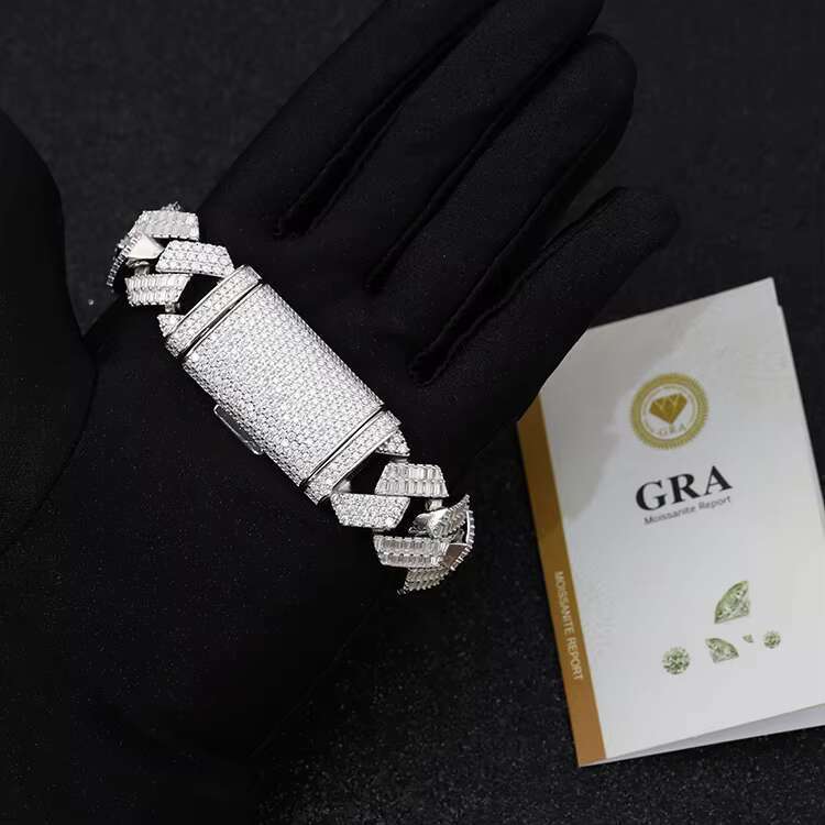 Pass Diamond Tester Ice Out Baguette Moissanite Hip Hop Silver Jewelry Set Cuban Link Chain Bracelets Necklace and Ring for Man