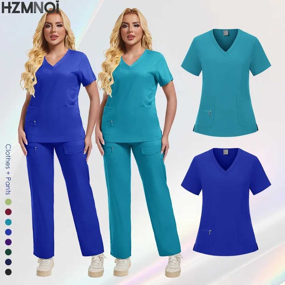 Workwear Nursing Women Scrubs Pants Elastic Working Uniform Women Short Slve Neck Tops Dental Hospital Scrubs Suits X250528
