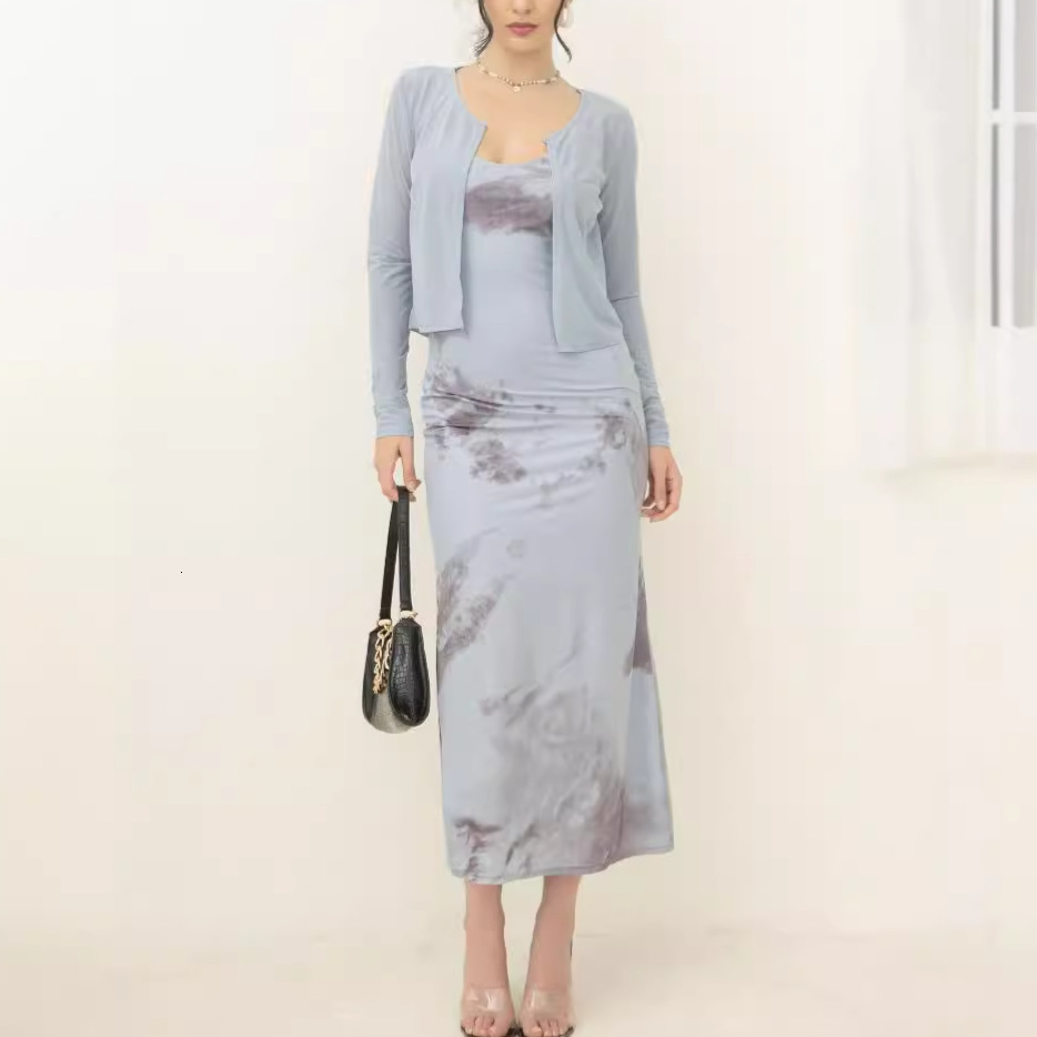 French high-end fishtail skirt set for women, 2024 autumn new versatile slim fit camisole dress+cardigan