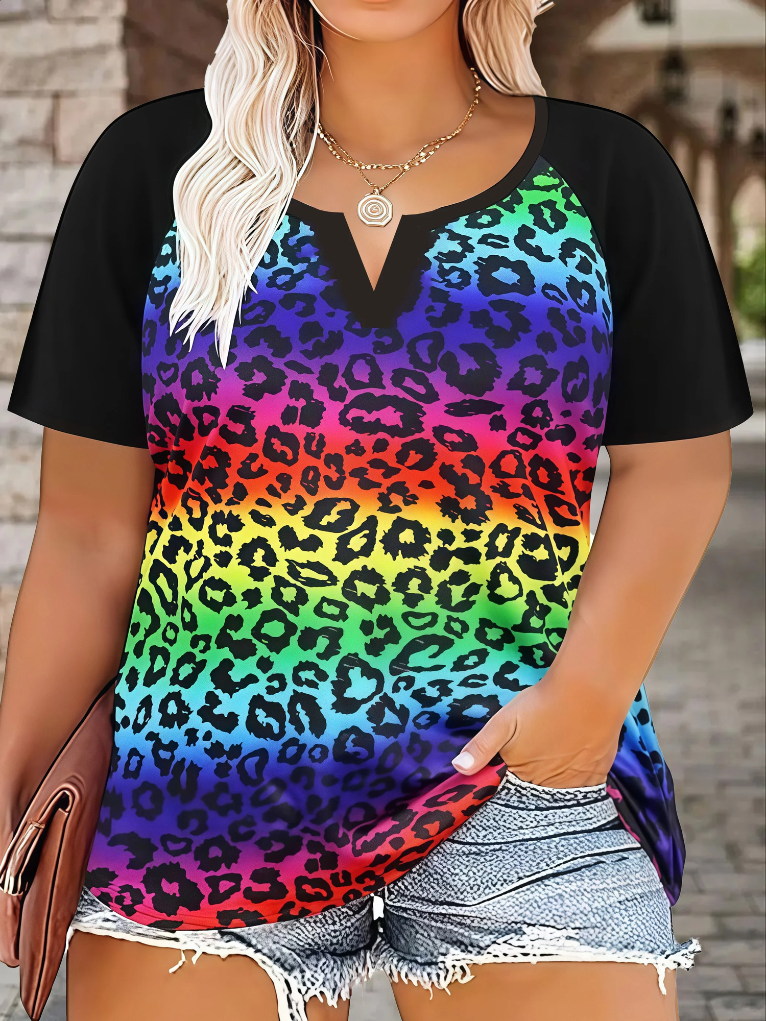 Womens casual loose leopard print short sleeved T-shirt 250410
