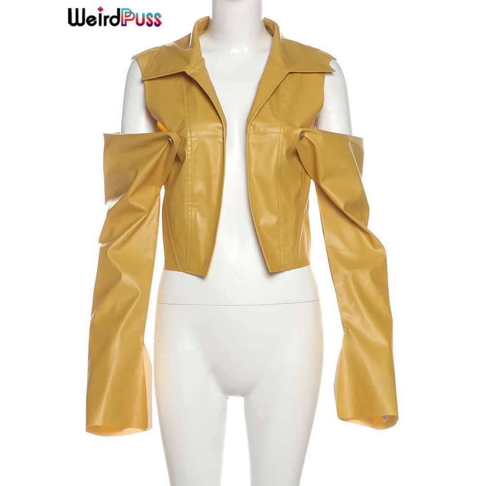 Weird Puss PU Hipster Crop Jacket Women Hollow Long Sleeve Cardigan Autumn Wild Basic Streetwear Patchwork Stripe Y2k Trend Coat