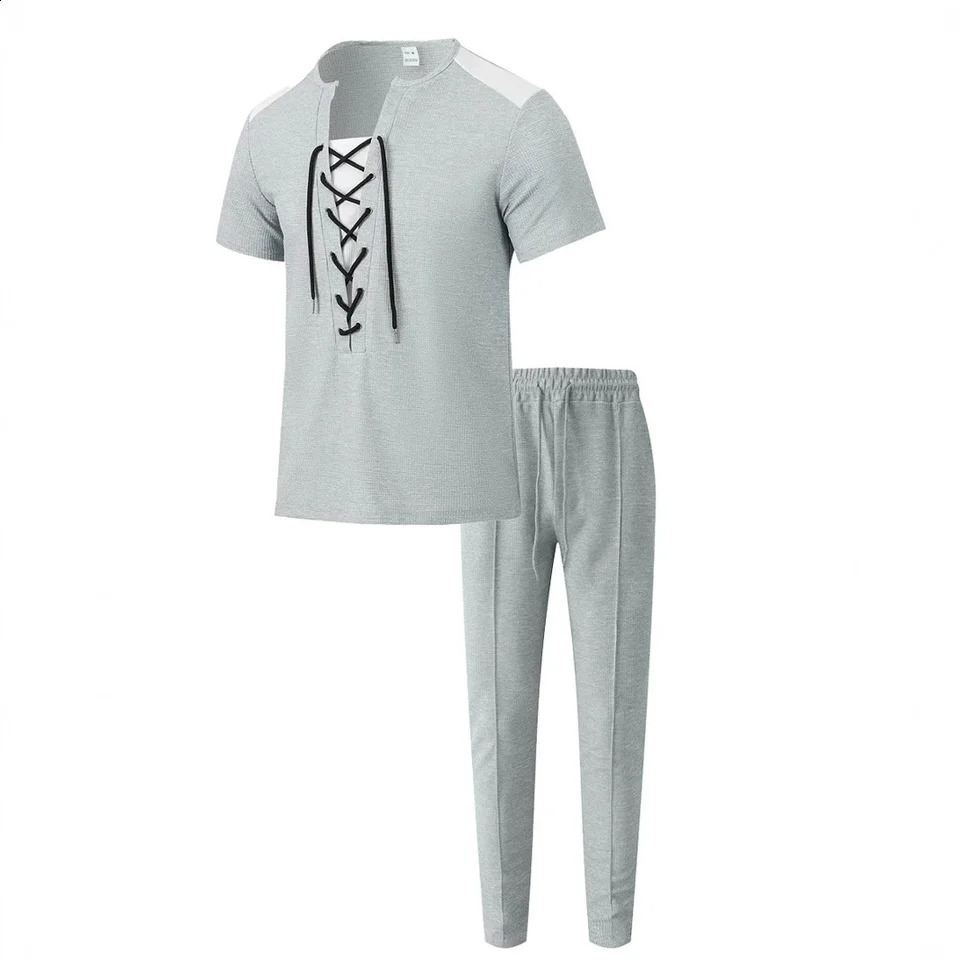 2025 Mens youth daily wear leisure vacation fashion comfortable wear rope short-sleeved T-shirt tracksuit pants two-piece 250411