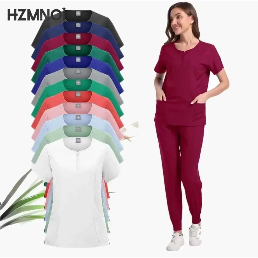 Surgical Set Women Pet Hospital Scrub Uniforms Suits Unisex Solid Color Surgical Gown Pocket V-neck Jogger Suits X250410