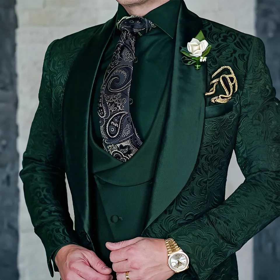Jacquard mens 3-piece formal party dress grooms tailcoat high-quality elegant mens custom set W250410