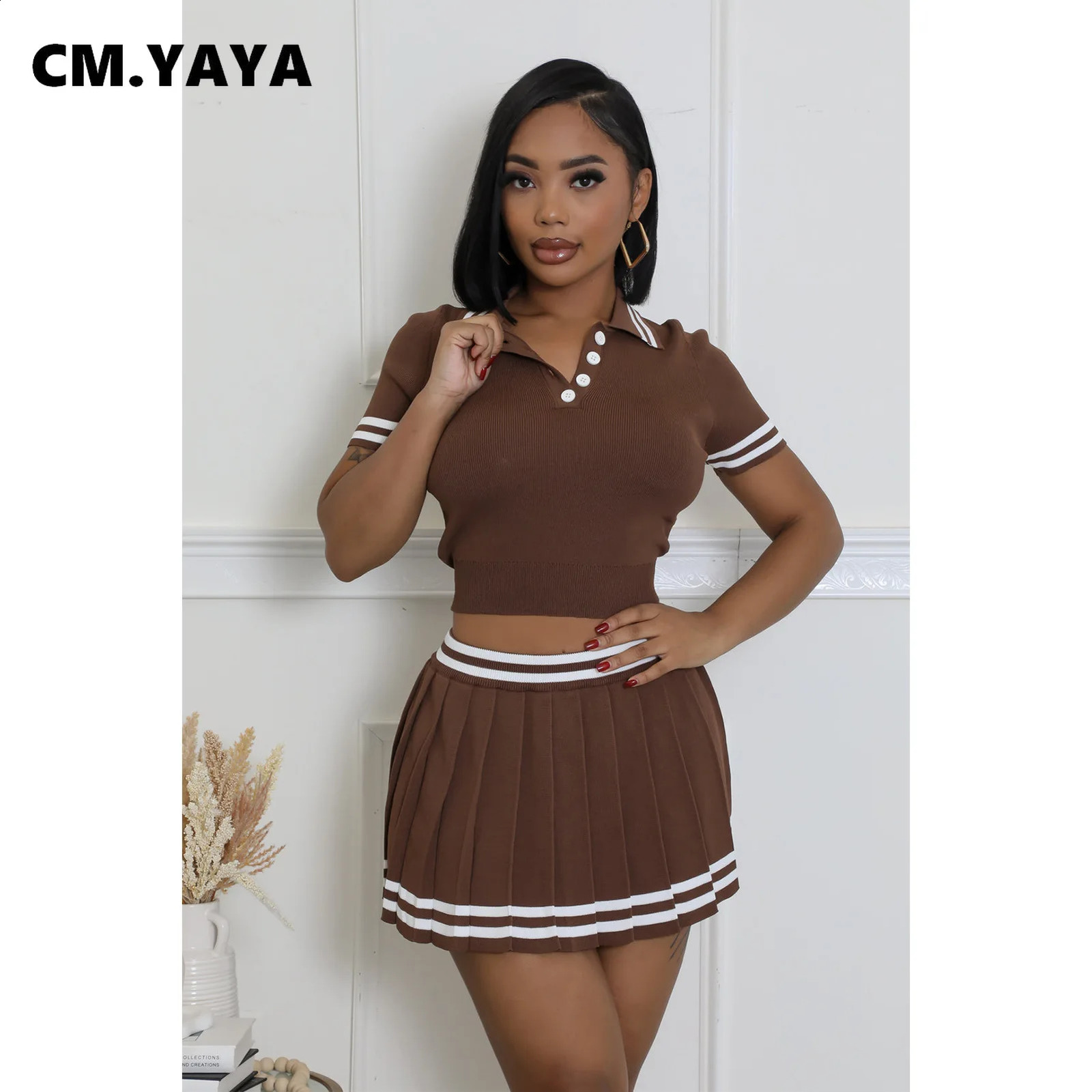 CM.YAYA Women Knit Mini Pleated Skirts Set Short Sleeve Striped T-Shirt Two 2 Piece Set Outfits Sexy Street Active Tracksuits 250411