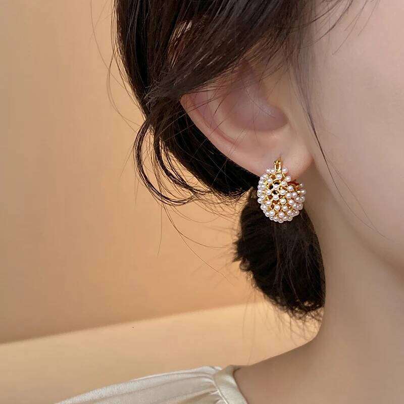 2025 New Design Rice Pearl Embellished Metal Flower Basket Earrings For Korean Women's Fashion Jewelry Ear Accessories