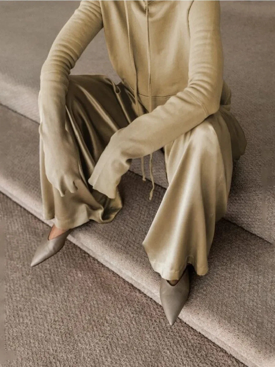 Onecozyday High Waist Wide Leg Pants and Long Sleeves Hooded Sweatshirt 2025 Loose Fit Casual Two-piece Sets for Women 251105