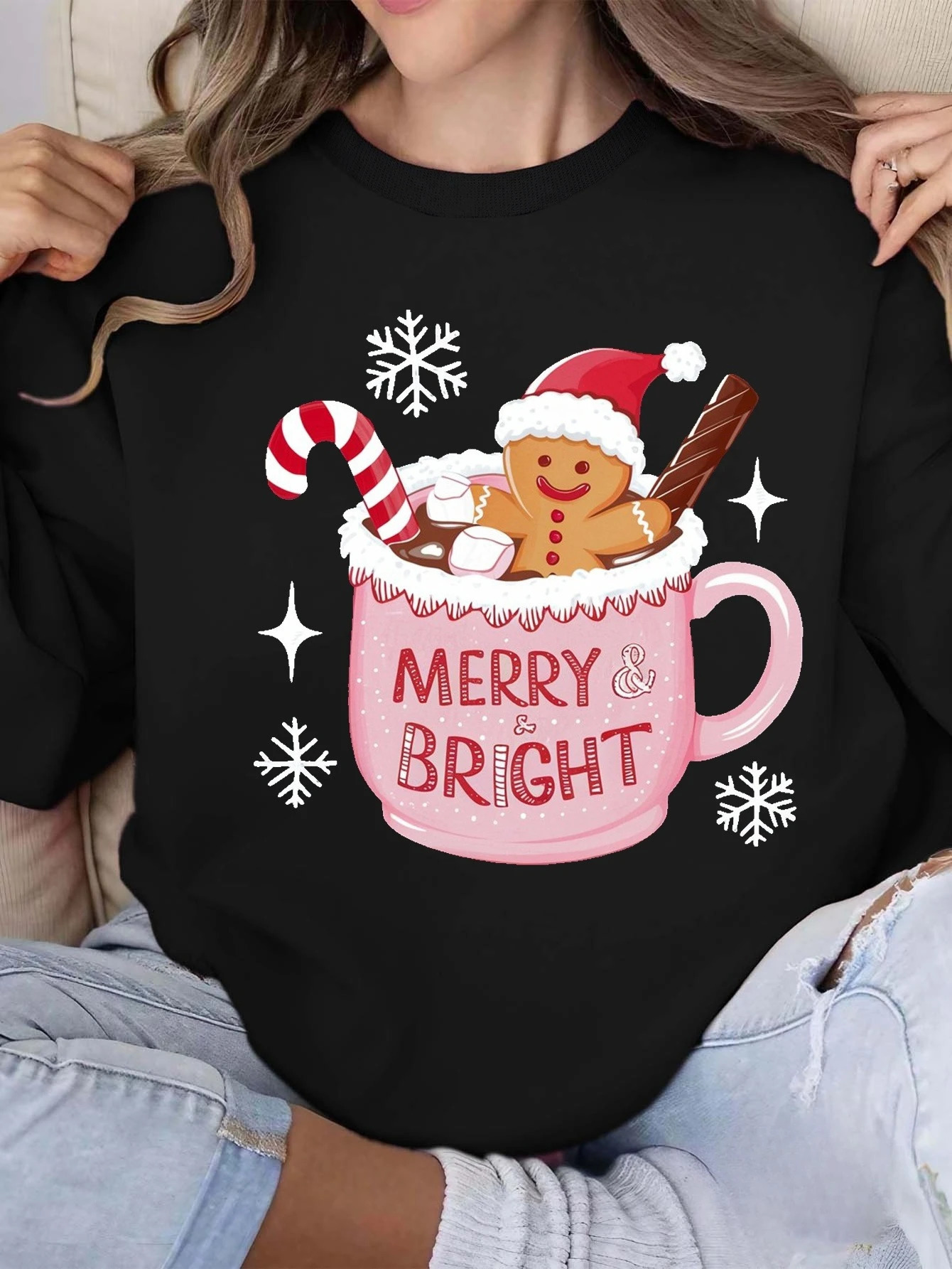 MERRY BRIGHT Christmas Gingerbread Printed Hoodie Autumn and Winter Womens Round Neck Top Long Sleeved Pullover Casual Clothing 251105
