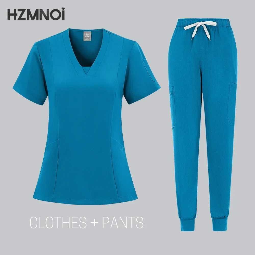 HZMNOI High-quty Nursing Scrubs Uniform Suit Short Slve V-neck Tops+Pants Sets Women Multicolor Pet Medical Workwear Nurse X250410