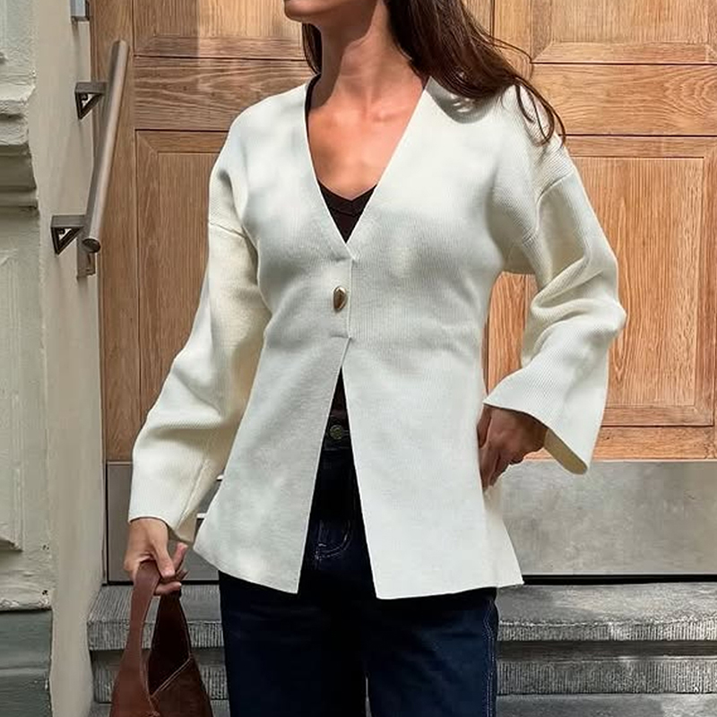 Women's solid color top, V-neck long-sleeved sweater, decorated with metal fake buttons, casual streetwear, suitable for autumn and winter fashio