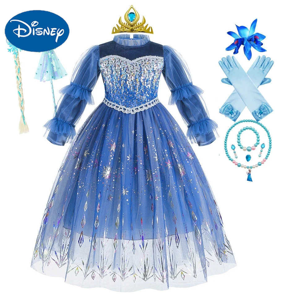 Disney Elsa Princess Girls Dress Snow Queen Role Play Children Halloween Puff Sleeve Dress Winter Girls Christmas SetXJ250411