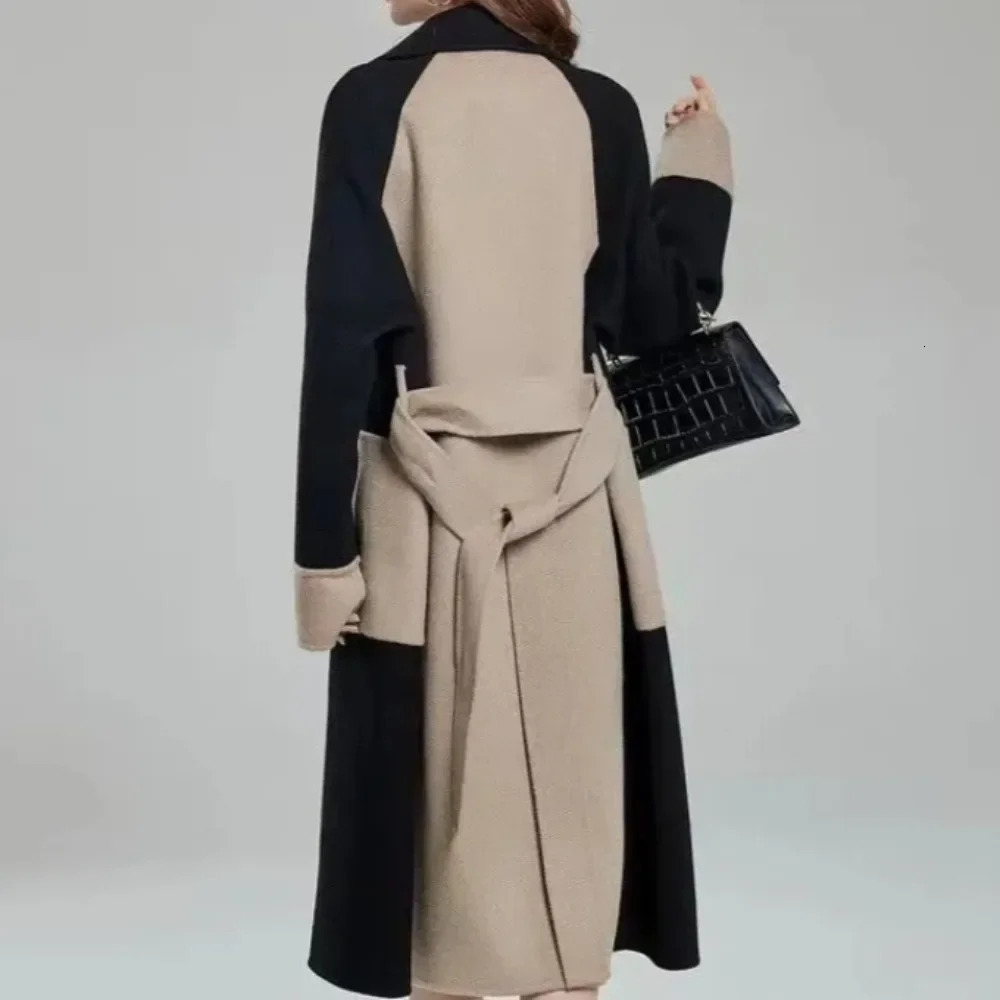 Women Autumn Winter Doublefaced Cashmere Blends Long Style Elegant Patchwork Woolen Overcoat High Street Slim Sashes Outerwear 251104