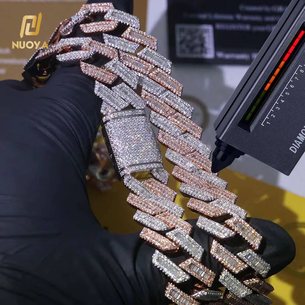 NUOYA 925 Sterling Silver Iced Prong Cuban Chain Necklace Hip Hop Bling Baguette Moissanite Diamond Cuban Chain Womens Jewelry