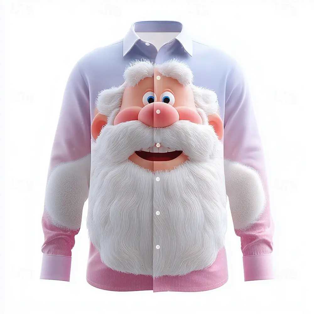 Christmas Mens Santa Claus 3D Cartoon funny christmas Shirt Button Up Shirt Long Sleeve Funny Christmas Gifts Holiday Spring K251110