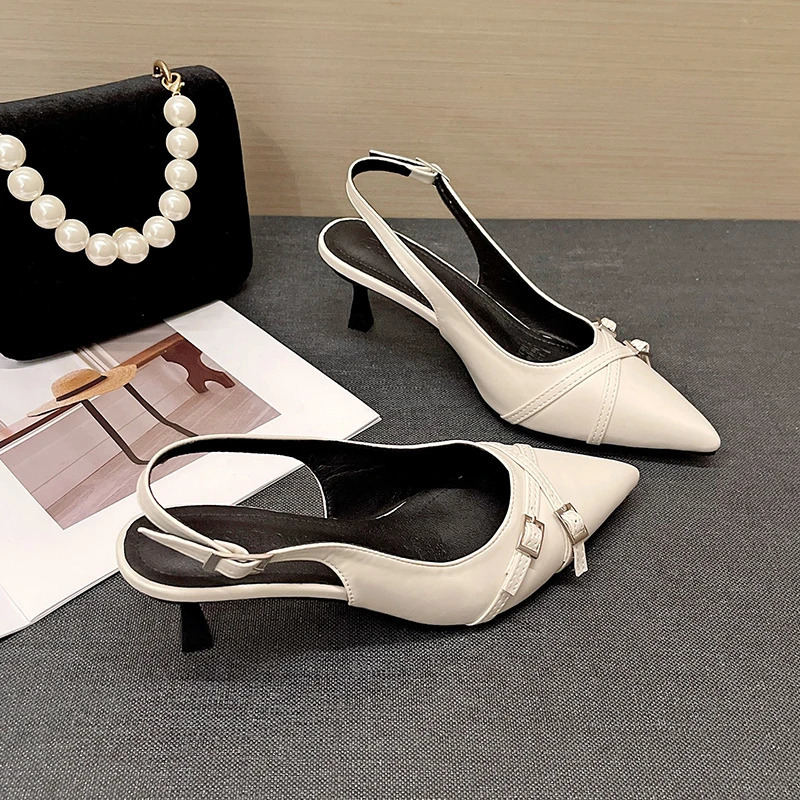 Womens Cross-knot Kitten Heels Womens Pointy Patent Leather Stiletto Slingbacks Beige White Temperament Party Sandals 251110