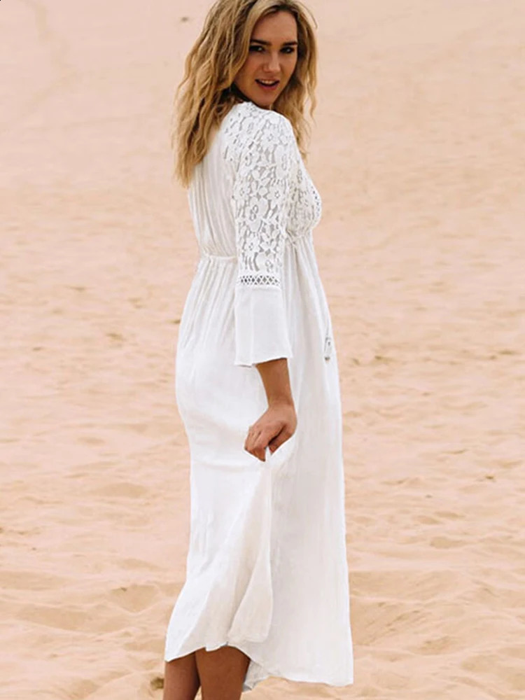 OIINAA Deep Vneck Bikini Top Womens Beach Splicing Lace Long Sleeve Summer Fashion Wear 250408