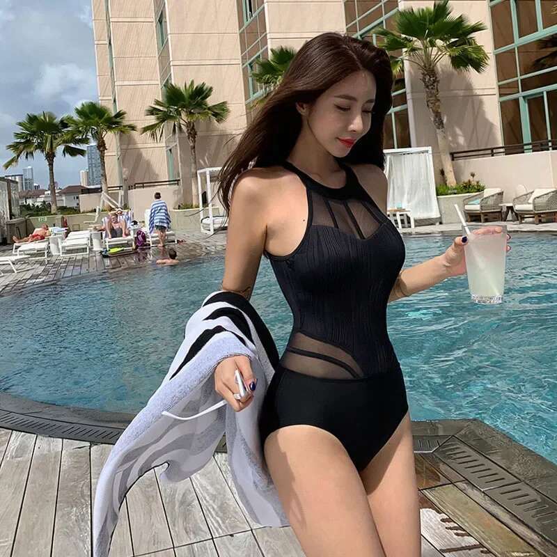Sexy Lace One Piece Swimsuit Women Swimwear High Neck Halter Swim Pad Korea Bathing Suit Solid Striped Mesh