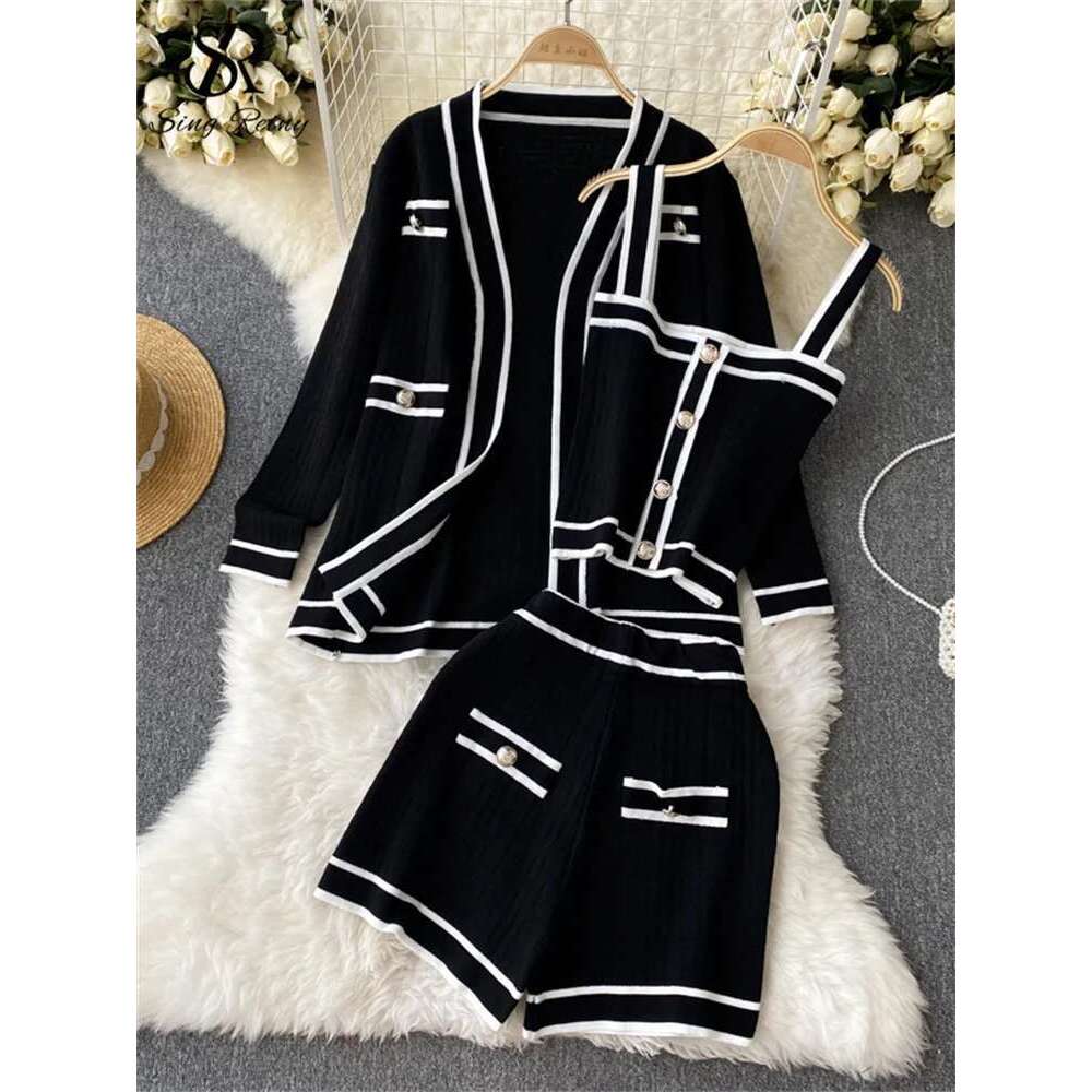 SINGREINY Autumn Knitwear 3Pc Sets Long Sleeves Cardigan+Single Breasted Spaghetti Strap+High Waist Elastic Shorts Casual Suits
