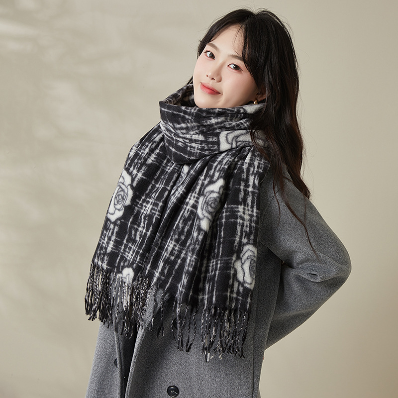 Cross-Border New Imitation Cashmere Scarf Camellia Print Versatile Neck Warmer Thickened Warm Outerwear Tassel Shawl
