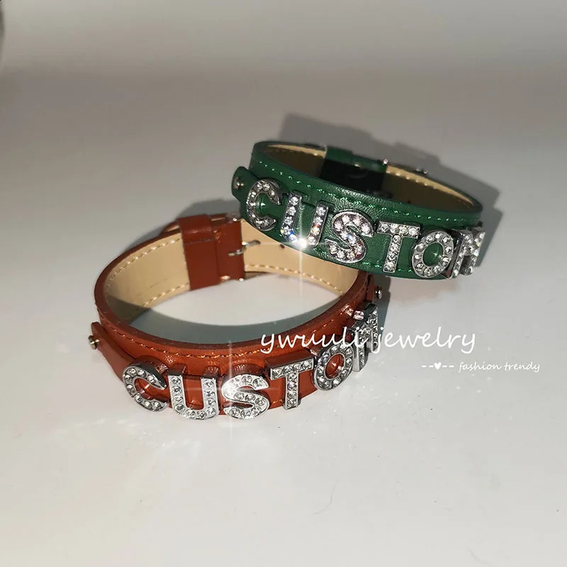Fashion PU leather custom rhinestone letter name adjustable bracelet for women DIY personalized jewelry lover friend gift 250408