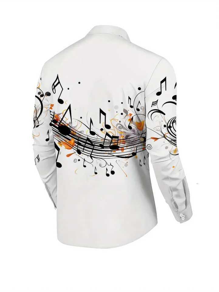 Mens Boho Chic Note Print Shirt Black Orange Music Design Button Up Long Sleeve Regula K251110