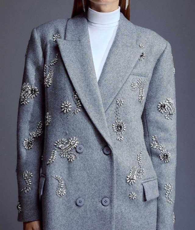 Design Women Cashmere Overcoat 1 Piece Crystals Decoration Coat Lady Office Commute Formal Occasion Jacket Customized