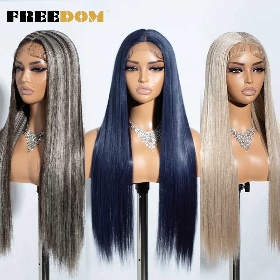 FREEDOM Synthetic Lace Front Wigs For Black Women Straight Wig With Baby Hair 30 inch Blonde Blue Piano Color Cosplay WigsT251111