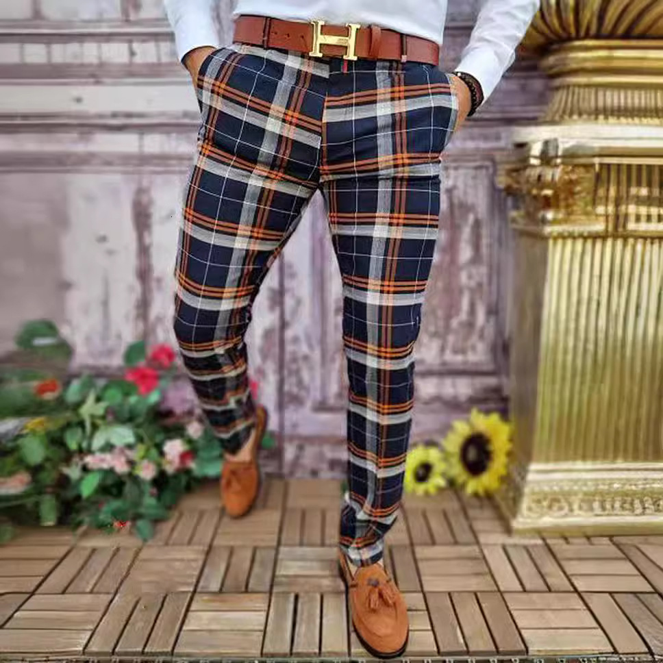 Mens casual plaid contrast pattern printed mid rise mens trousers with micro elastic pants
