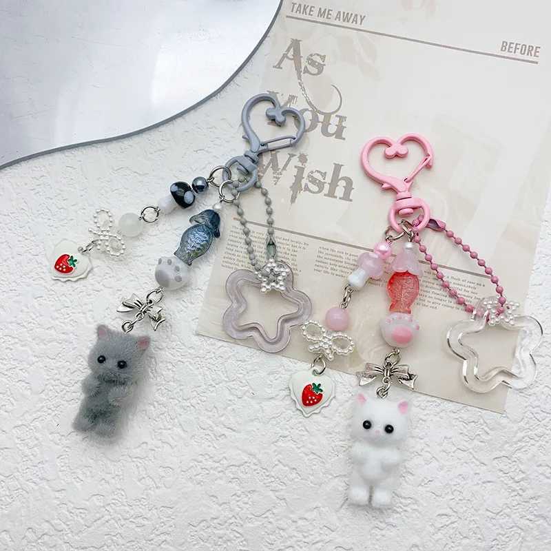 Cute Flocked Kitten Five Star Cat Claw Love Keychain Phone Chain Anti Loss Hanging Rope Pendant Earphones Camera Chain W250411