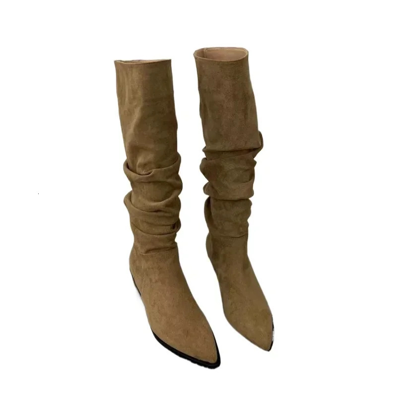 Women Knee High Boots Autumn Winter Female Shoes Fashion Female Slip-on Folds Low Heel Round Toe Flat Long Boots Botas De Mujer 251110