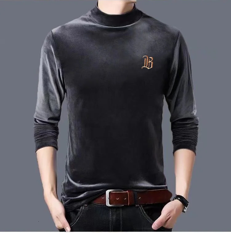 2025 Velvet Thickening Embroidery Golden Fleece Sweater Minimalism Pure Color HalfHighCollar Top TShirt 251104