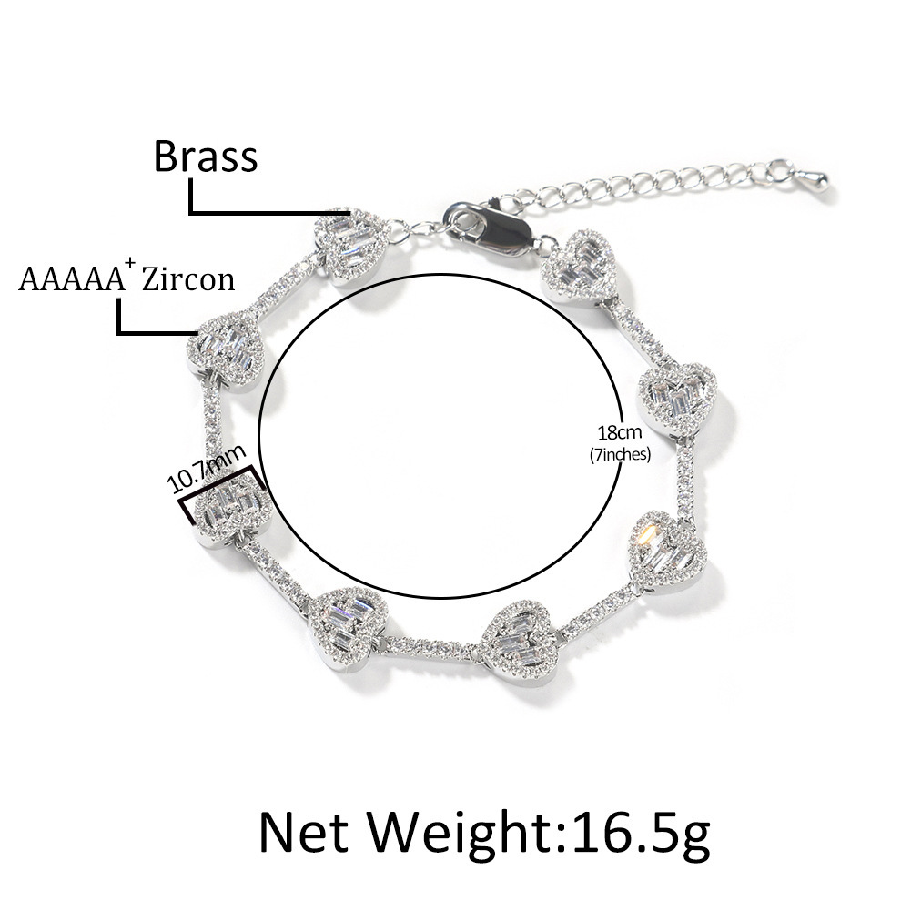 Hip Hop Love Heart Shaped Charms Tennis Chain Necklace Bracelet 14k Gold Plated Copper Prong Bling Baguette Cubic Zircon Luxury Fine Quality Party Rap