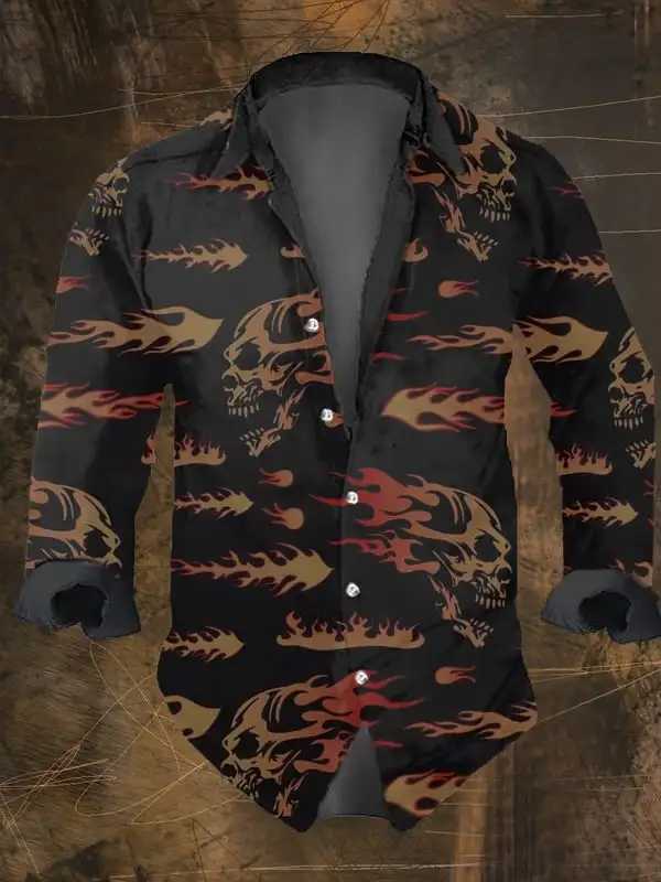 2024 Mens Vintage Dark Skull Print Long Sleeve Shirt - Skull PrintRegular Fit Lapel Collar Polyester BlendHalloween Party K251110