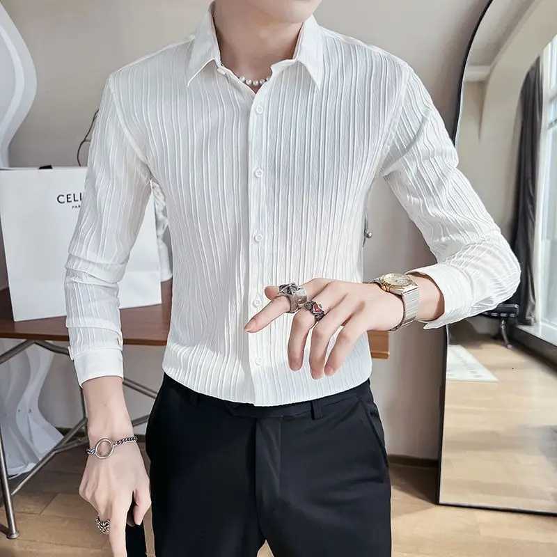 Streetwear Fashion Korean Clothing Solid Shirts Spring Autumn Men Long Sleeve Striped Lapel Single Sockets Business Casual Tops K251110