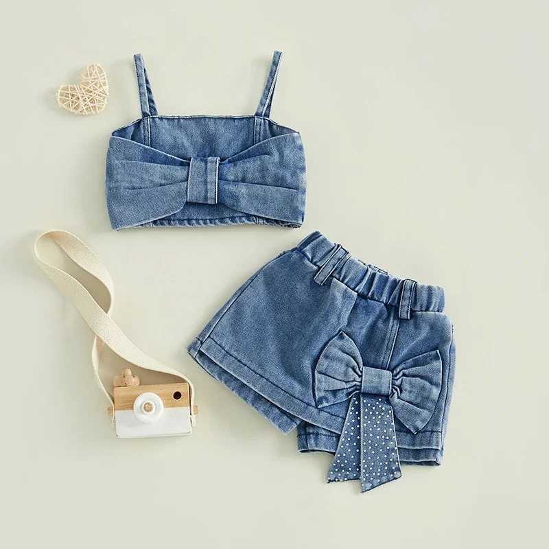 1-5 year girls shorts set retro denim vest with bow shorts summer 2-piece setXJ250410