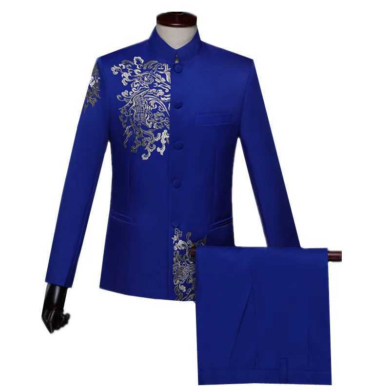 New mens stand up collar embroidery set 2-piece fashionable mens business social wedding dance stage performance dress jacket pants W250410