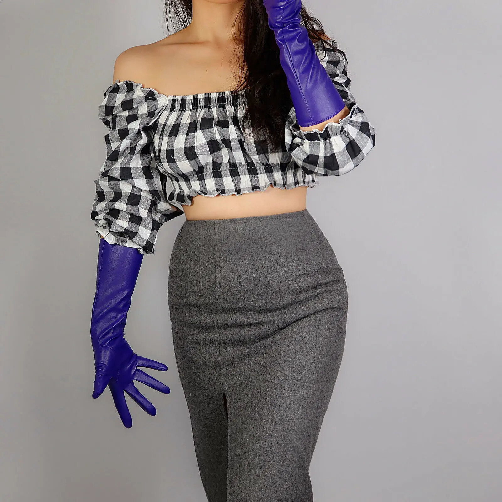 LONG FASHION GLOVES Faux Leather Sheepskin 20 50cm Elbow Purple Ultra Violet LLDLLNT 250408