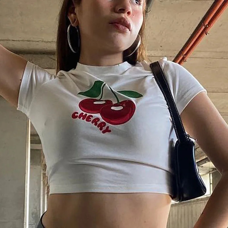 Women T-Shirt Y2k Crop Tops Cherry Print Graphic Summer Korean Fashion Harajuku Streetwear Short Sleeve Sweet Slim Tees 250410