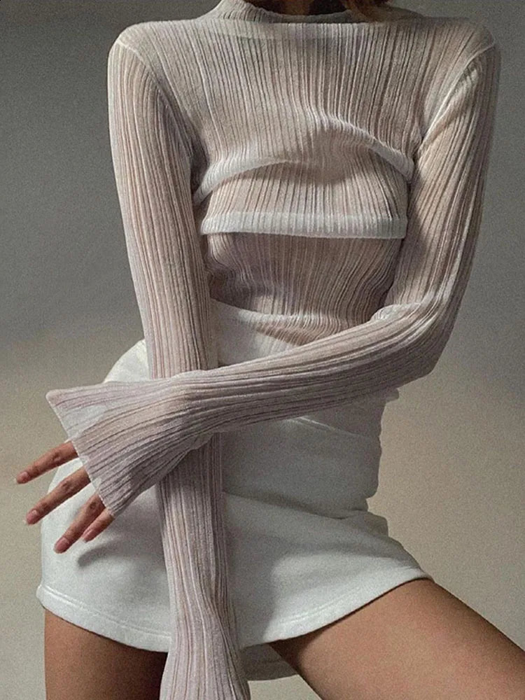 Autumn elegance see through long sleeved plain neck womens tops fashionable streetwear sexy Tshirts ultrathin dresses 250407