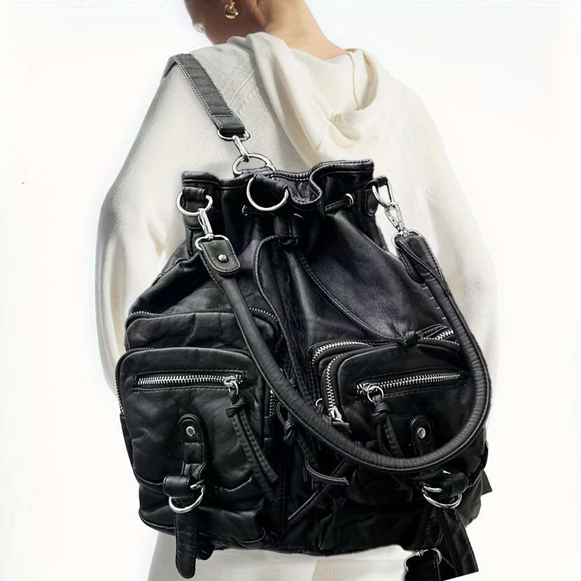 Y K Inspired Black Motorcycle With Multiple Pockets Durable Synthetic Faux Leather Adjustable Strap Perfect For Work Dates Parties Commute