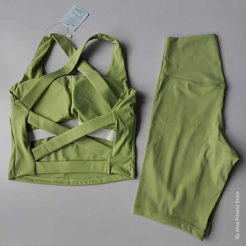 2PCS womens yoga set exercise bra set sportswear fitness suit long sleeved crop high waisted shorts sportswearW250411
