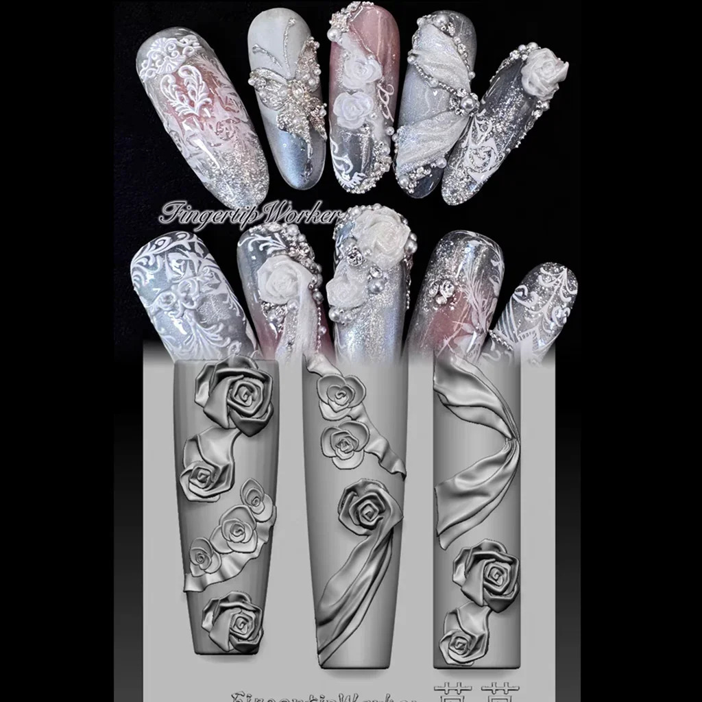 1Pc Silk Lace Rose Baroque Spoon Fork Clock Gear 3D Acrylic Mold Nail Art Decorations DIY Silicone Nail Templates Nail Mold 250410