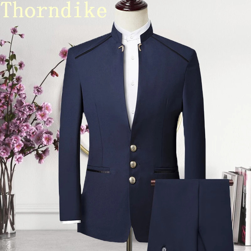 Thorndike Men Suit Chinese Style Stand Collar Blazer Male Wedding Groom Slim Fit Standerd Size Blazer Set TuxedoJacketPant 251107
