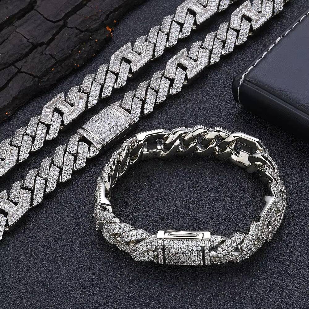 Hip Hop Jewelry Luxury 15mm Cuban Link Chain 925 Sterling Silver Jewellery VVS Moissanite Prong Cuban Chain Necklace for Women