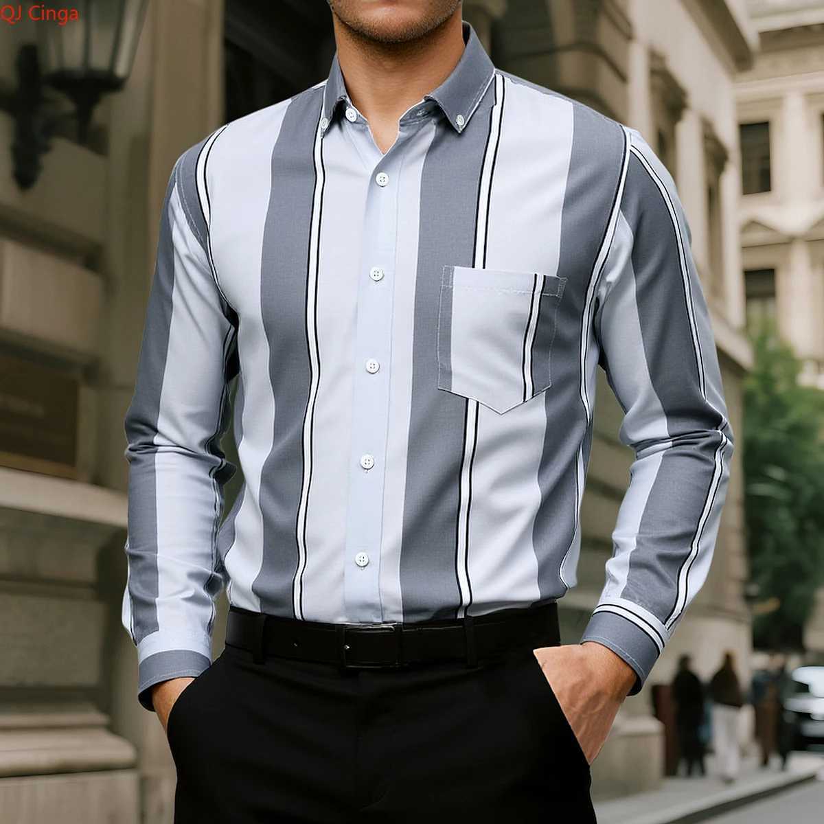 Black Striped Mens Long-Sleeve Shirt Asian Size Single-Button Collar Shirt Available in White Blue Red and Gray K251110