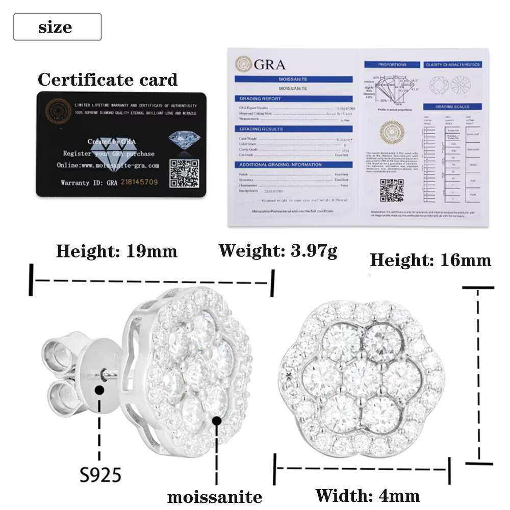 S925 Silver Moissanite Earrings High-Grade Hexagonal Flower Shape Design Four-Season Fashion Jewelry for Men and Women