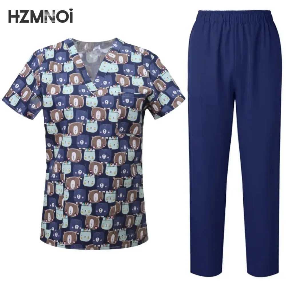Surgical Uniforms Woman Printing Blouse Pockets Pants Medical Scrub Set Beauty Sn Workwear Clinical Scrubs Top+Pants Spa Suit X2504101