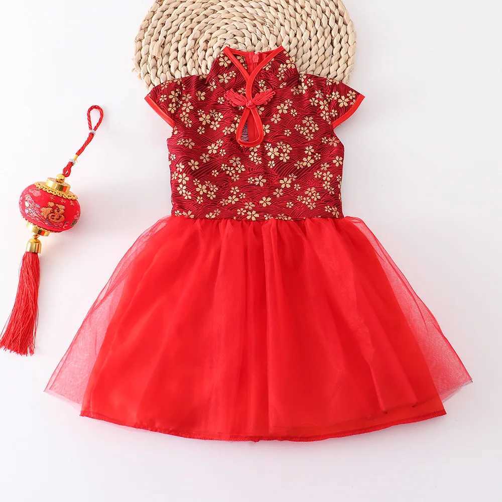 Leisure Summer Red Girl Dress Cheongsam Fashion Baby Net Princess Girl Dress Childrens Clothing Vest Performance Childrens CheongsamXJ250410