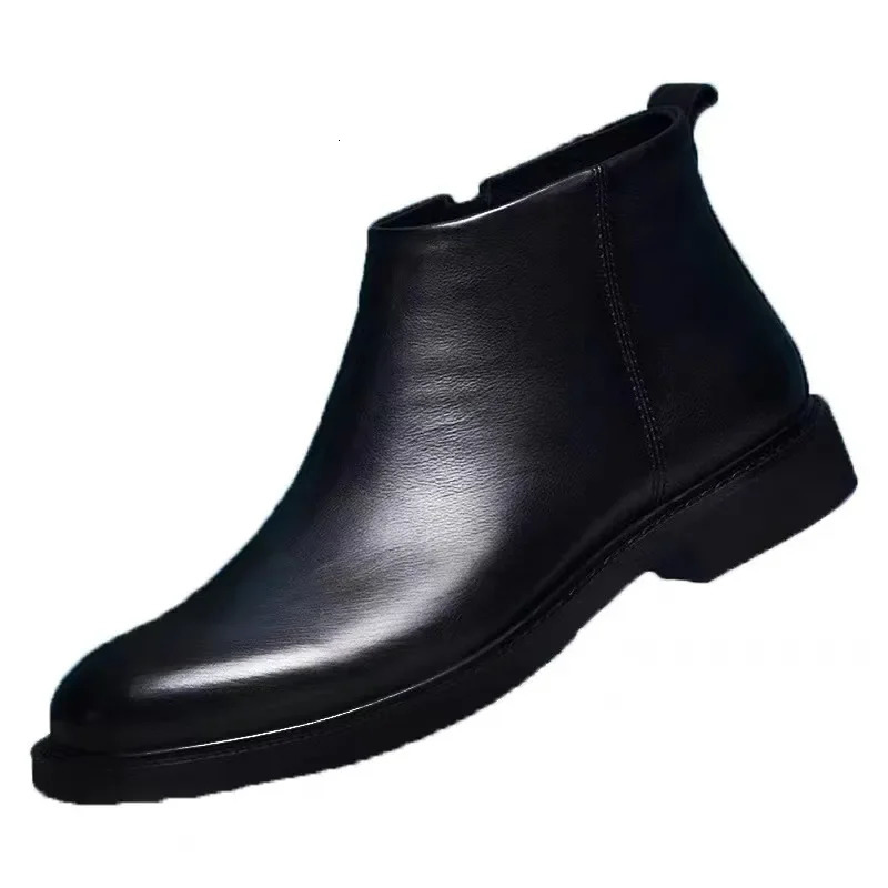 Mens Chelsea Boots Pure Color Versatile European Style Winter Shoes Leather Upper round Toe Low Heel Comfortable Rubber Sole 251110